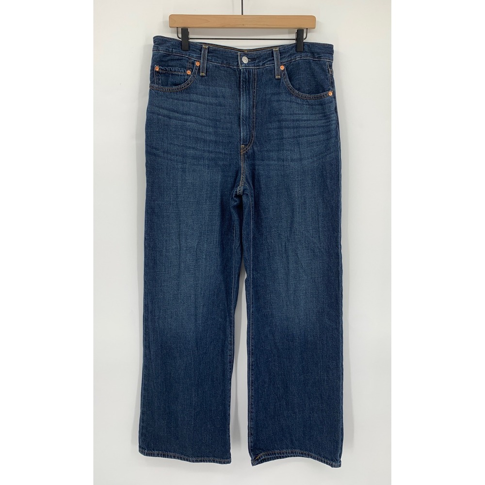 Levis Wide Leg Jeans Womens 32 Ribcage Wide Leg Cotton Linen Dark Wash Denim